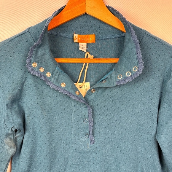 Women Tulle Long Sleeve Y2K Henley Lacey Snap Top Sz L Pointelle Jersey NWT 2000 - Picture 3 of 14